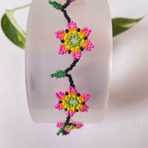 Floral Beaded Bracelet - Pink, Yellow, Green